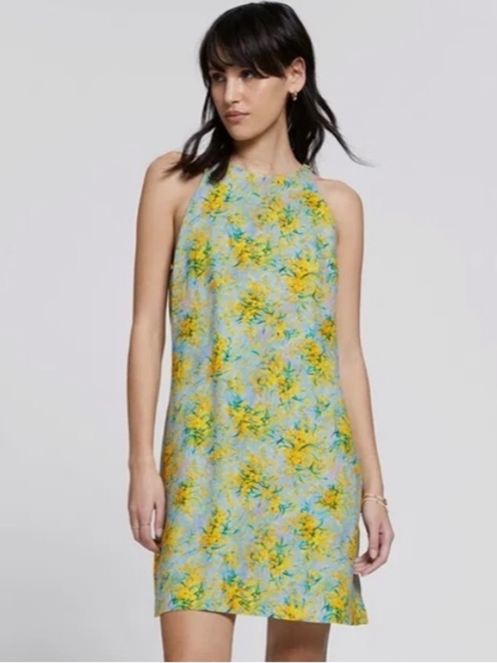 & OTHER STORIES Linen A-Line Halterneck Dress Lemon Sicilian Print sz 36 Small